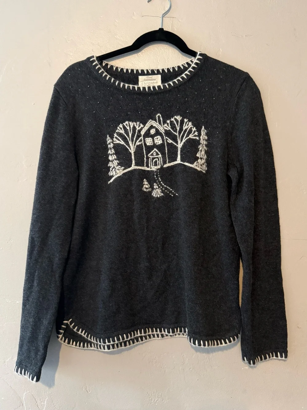 Christopher & Banks Charcoal Knit Crewneck Sweater with White Cabin Embroidery